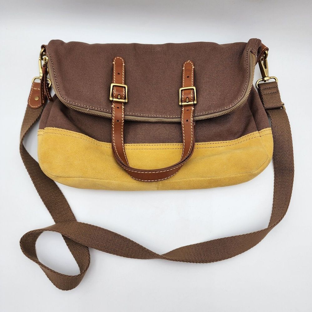 FOSSIL TAYLOR FAB TAUPE YELLOW+BROWN TRIM CANVAS CROSSBODY TOTE HAND BAG READ!!!